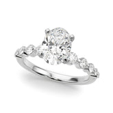 Silver Oval Solitaire Diamond Ring with Pave Band and Four-Prong Setting