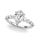 Silver Pear Solitaire Diamond Ring with Pave Band and Four-Prong Setting