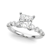Silver Princess Solitaire Diamond Ring with Pave Band and Four-Prong Setting