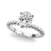 Silver Oval Solitaire Beaded Band Prong Setting Ring