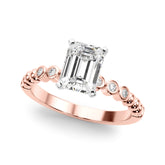 Rose gold Emerald Solitaire Bezel Accent Diamond Engagement Ring with Beaded Band and Four-Prong Setting