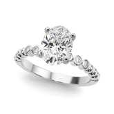 White gold Oval Solitaire Bezel Accent Diamond Engagement Ring with Beaded Band and Four-Prong Setting