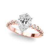 Rose gold Pear Solitaire Bezel Accent Diamond Engagement Ring with Beaded Band and Four-Prong Setting