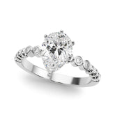 White gold Pear Solitaire Bezel Accent Diamond Engagement Ring with Beaded Band and Four-Prong Setting