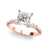 Rose gold Princess Solitaire Bezel Accent Diamond Engagement Ring with Beaded Band and Four-Prong Setting