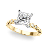 Yellow gold Princess Solitaire Bezel Accent Diamond Engagement Ring with Beaded Band and Four-Prong Setting