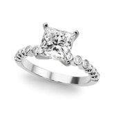 White gold Princess Solitaire Bezel Accent Diamond Engagement Ring with Beaded Band and Four-Prong Setting
