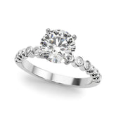 White gold Round Solitaire Bezel Accent Diamond Engagement Ring with Beaded Band and Four-Prong Setting