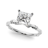 White gold Princess Solitaire Diamond Ring with Bamboo Band and Four-Prong Setting