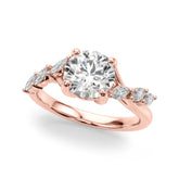 Rose gold Round Solitaire Diamond Ring with Marquise Side Stones and Prong Setting on a Split Shank Band