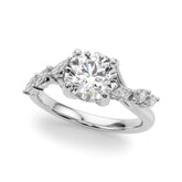 White gold Round Solitaire Diamond Ring with Marquise Side Stones and Prong Setting on a Split Shank Band