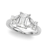 White gold Emerald Cut Solitaire Floral Diamond Ring with Four-Prong Setting