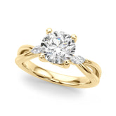Yellow gold Round Brilliant Diamond Solitaire with Marquise Side Stones on a Twisted Band and Four-Prong Setting