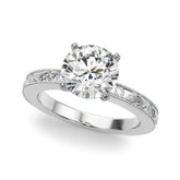 White gold Round Solitaire Milgrain Engagement Ring with Filigree Band and Four-Prong Setting