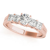 Rose gold Heart Solitaire Princess Side Stone Engraved Band Prong Setting Ring