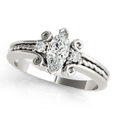 White gold Marquise Solitaire Twisted Band Scroll Prong Ring