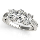 Platinum Three-Stone Oval Diamond Pave Band with Prong Setting