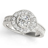 White gold Round Halo Diamond Ring with Milgrain Bezel and Prong Setting