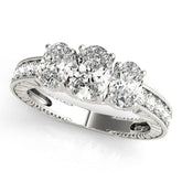 White gold Three-Stone Oval Diamond Milgrain Pave Band with Prong Setting