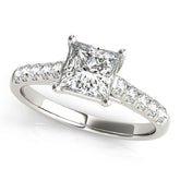 White gold Heart Cut Pavé Band Solitaire Ring with Four-Prong Setting