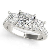 White gold Three-Stone Princess Cut Diamond Ring with Pavé Band and Prong Setting