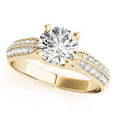 Yellow gold Round Brilliant Solitaire Engagement Ring with Pave Band and Four-Prong Setting