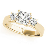 Yellow gold Three-Stone Princess Cut Solitaire Ring with Round Side Stones and Four-Prong Setting