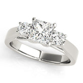 White gold Three-Stone Princess Cut Solitaire Ring with Round Side Stones and Four-Prong Setting
