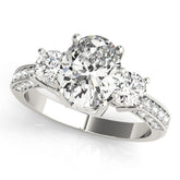 White gold Oval Three-Stone Diamond Ring with Pavé Band and Four-Prong Setting