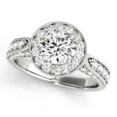 White gold Round Halo Diamond Engagement Ring with Split Shank Band and Four-Prong Setting