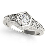 Platinum Hexagonal Bezel Round Diamond Engraved Band Prong Ring