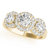 Yellow gold Three-Stone Round Halo Diamond Ring with Pavé Band and Four-Prong Setting