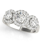 White gold Three-Stone Round Halo Diamond Ring with Pavé Band and Four-Prong Setting