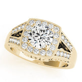 Yellow gold Round Halo Split Shank Diamond Ring with Milgrain Prong Setting
