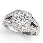 Platinum Round Halo Split Shank Diamond Ring with Milgrain Prong Setting