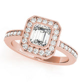 Rose gold Emerald Cut Halo Diamond Ring with Pavé Band and Milgrain Prong Setting
