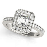 Platinum Emerald Cut Halo Diamond Ring with Pavé Band and Milgrain Prong Setting