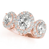 Rose gold Three-Stone Oval Halo Diamond Ring with Pave Band and Four-Prong Setting