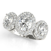 White gold Three-Stone Oval Halo Diamond Ring with Pave Band and Four-Prong Setting