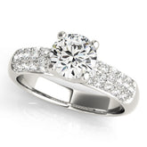 White gold Round Diamond Pavé Band Solitaire Ring with Four-Prong Setting