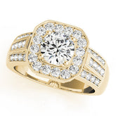 Yellow gold Round Halo Diamond Engagement Ring with Pave Split Shank and Four-Prong Setting