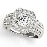 Platinum Round Halo Diamond Engagement Ring with Pave Split Shank and Four-Prong Setting