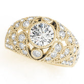 Yellow gold Round Brilliant Halo Pave Diamond Milgrain Ring