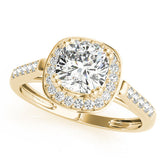Yellow gold Cushion Halo Diamond Ring with Split Shank and Four-Prong Setting
