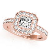 Rose gold Cushion-Cut Diamond Halo Engagement Ring with Pave Band and Prong Setting