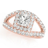Rose gold Princess Cut Halo Split Shank Ring with Four-Prong Setting