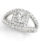 Platinum Princess Cut Halo Split Shank Ring with Four-Prong Setting
