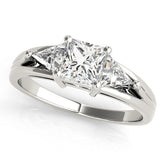 White gold Three-Stone Princess Cut Diamond Ring with Trillion Side Stones on a Split Shank Band