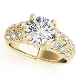 Yellow gold Round Cut Milgrain Pave Diamond Engagement Ring with Four-Prong Setting