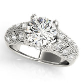 White gold Round Cut Milgrain Pave Diamond Engagement Ring with Four-Prong Setting